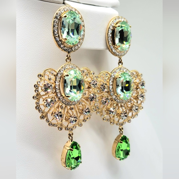 Dolce and Gabbana Prasiolite Swarovski Crystal Baroque Fan Statement Earrings - Picture 7 of 12